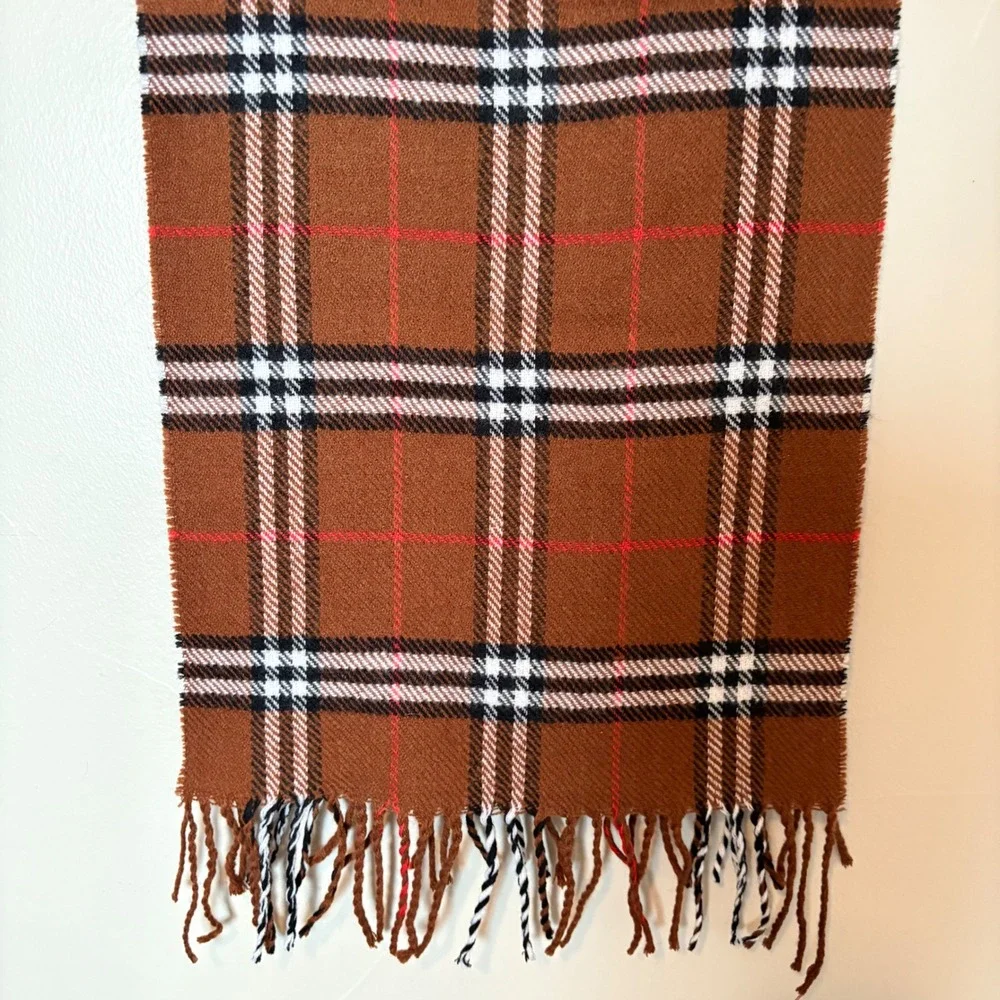 Men's 100% Cashmere Scarf Plaid Made in Scotland Brown Red White Black 68